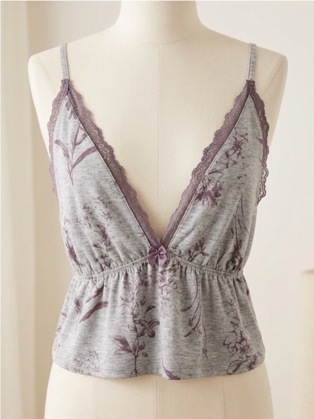 La Vie En Rose Heather Gray Floral Cropped Camisole Pajama Top Adj Straps XXL/16